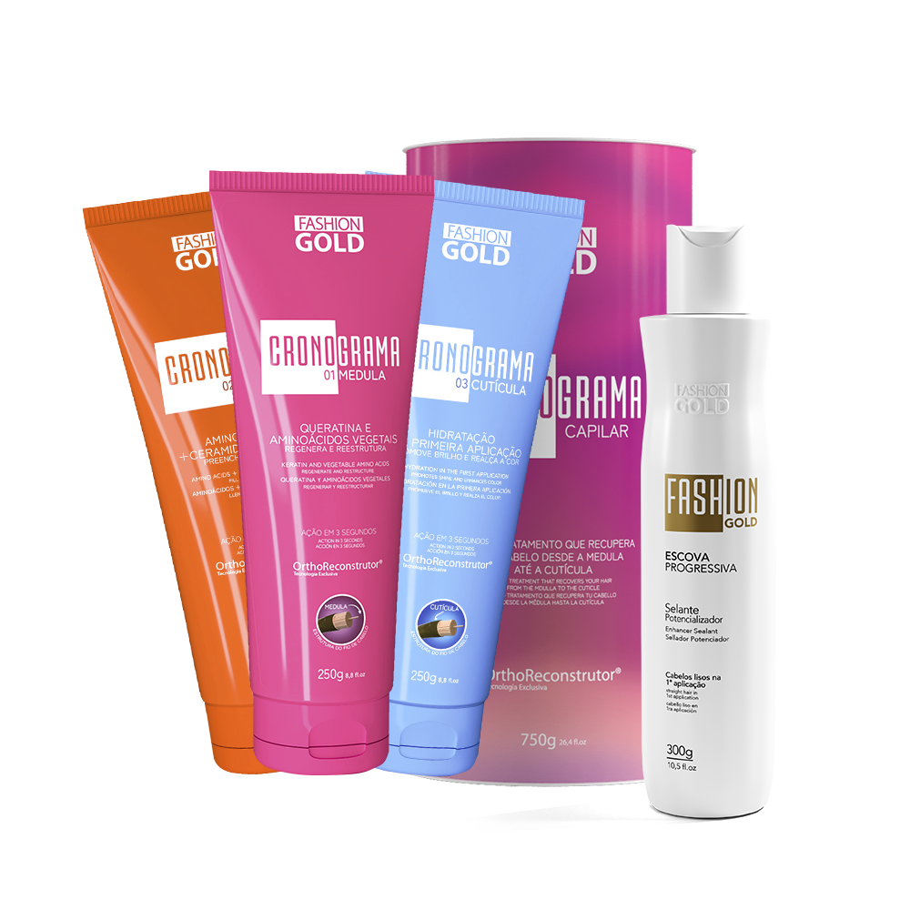 Kit Sistema de Alisado Fashion Gold, 300 g/10,5 fl.oz + Sistema de Cuidado Capilar CRONOGRAMA