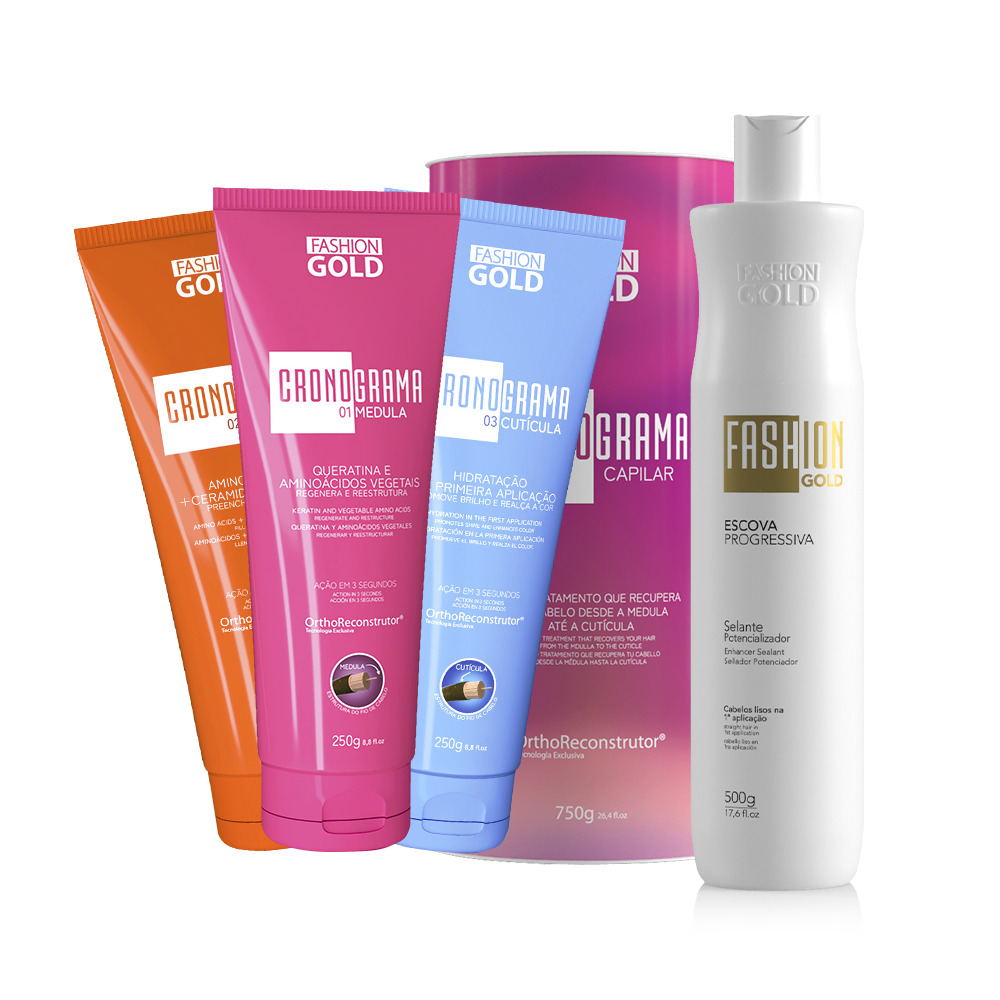 Kit Sistema de Alisado Fashion Gold, 500 g/17,6 fl.oz + Sistema de Cuidado Capilar CRONOGRAMA