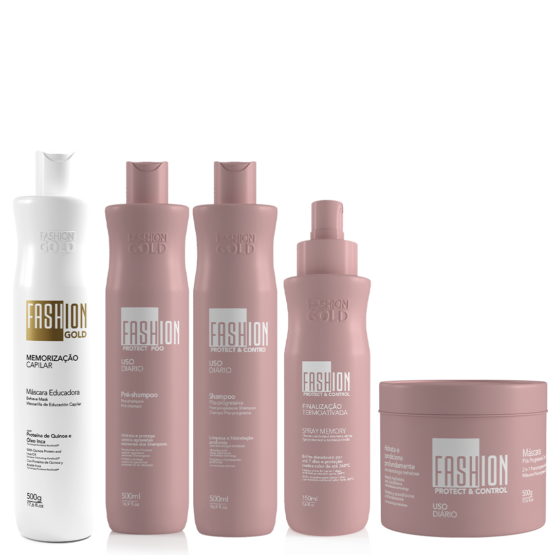 Kit Combo Sellador Fashion Gold 500 g/17,6 fl oz + Prechampú PROTECT POO 500 ml/16,9 fl oz + Spray Protect &amp; Control MEMORY 150 ml/5,6 fl oz